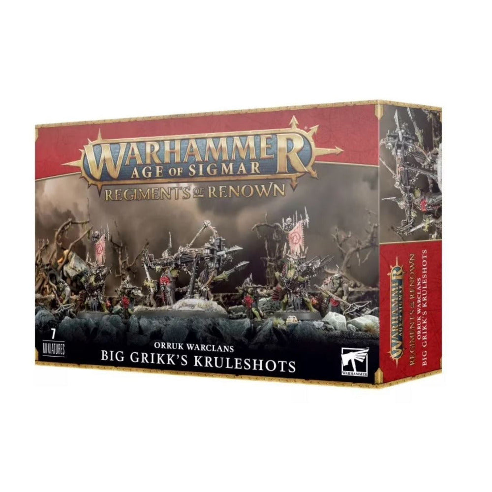 Warhammer Age of Sigmar game box with Ork Warclans and Big Grikks Kruleshots on a white background