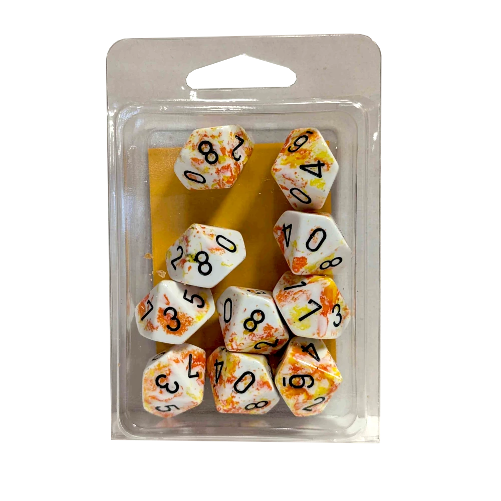 chessex sunrise black d10 dice white orange yellow