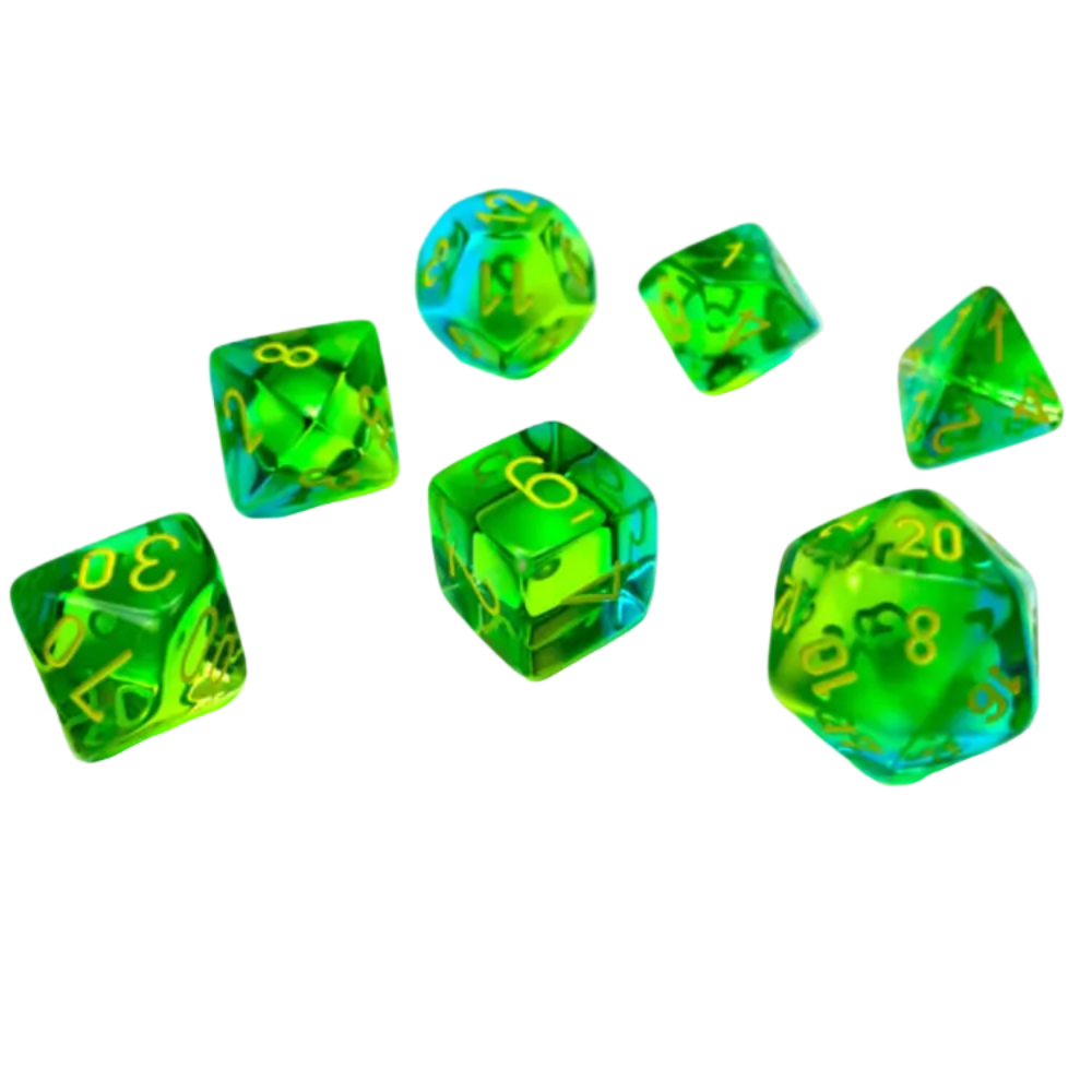 chessex translucent green teal yellow seven dice set