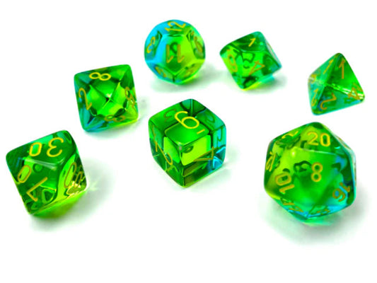 chessex translucent green teal yellow seven dice set