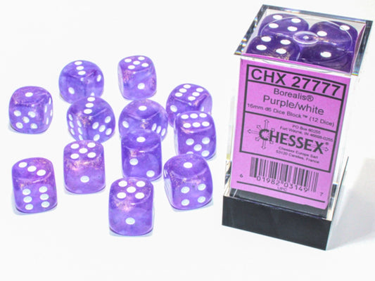 Chessex 16mm D6 Dice Block (12 Count) Borealis Purple/White