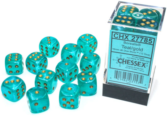 Chessex 16mm D6 Dice Block (12 Count) Borealis Teal/Gold