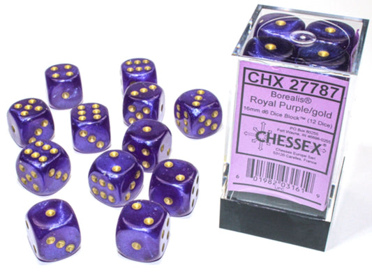 Chessex 16mm D6 Dice Block (12 Count) Borealis Royal Purple/Gold