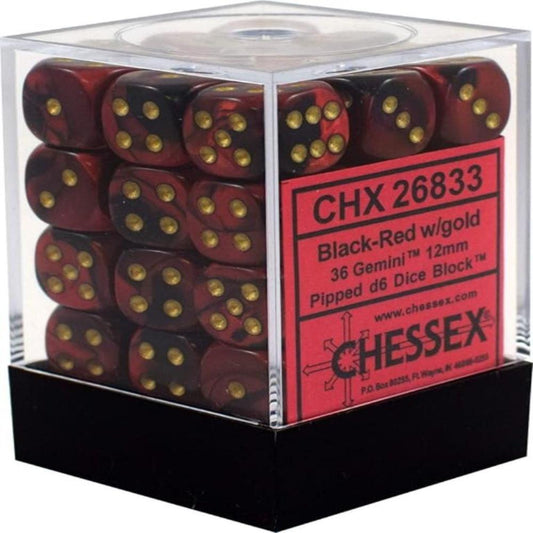 chessex gemini opaque 12mm d6 black red gold dice block