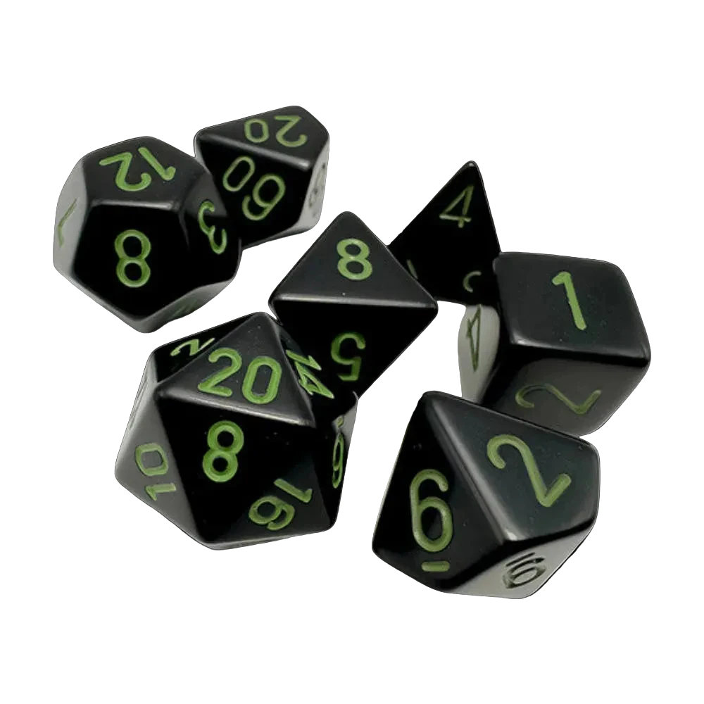 chessex opaque black green seven dice set