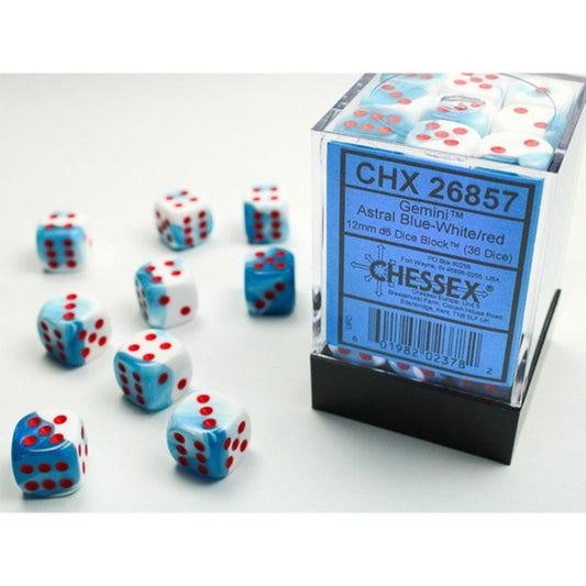 CHX26857 chessex gemini 12mm D6 astral blue white red dice