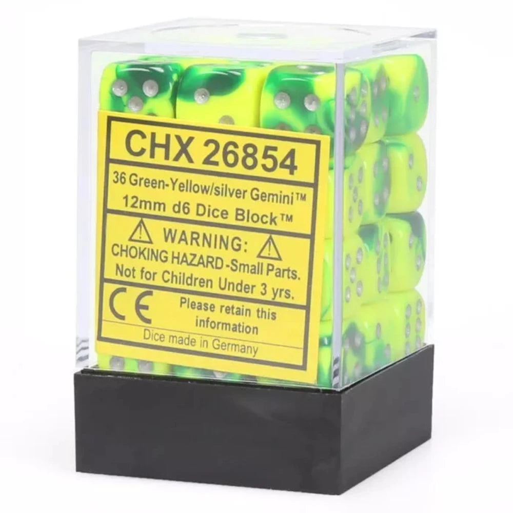chessex gemini 12mm d6 dice block green yellow silver