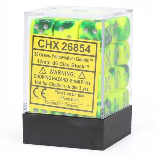 chessex gemini 12mm d6 dice block green yellow silver