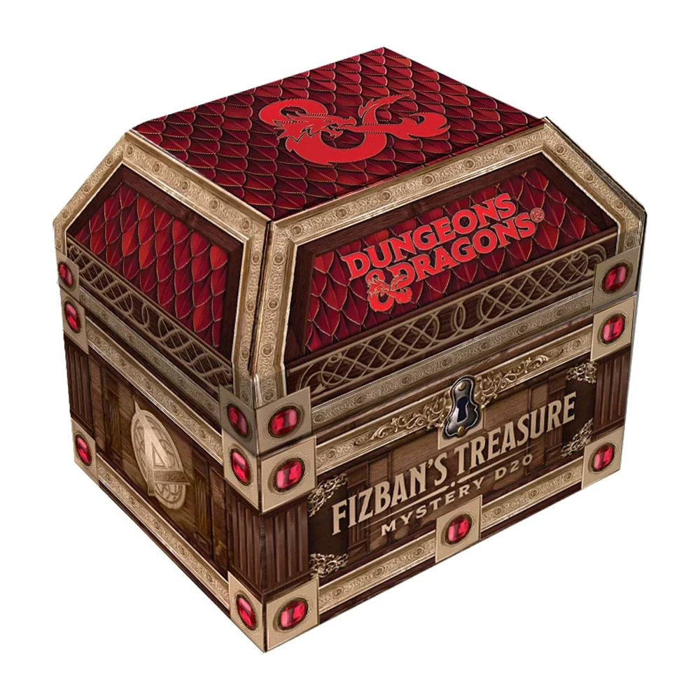 Dungeons & Dragons Fizban's Treasure box with red and gold design on a white background