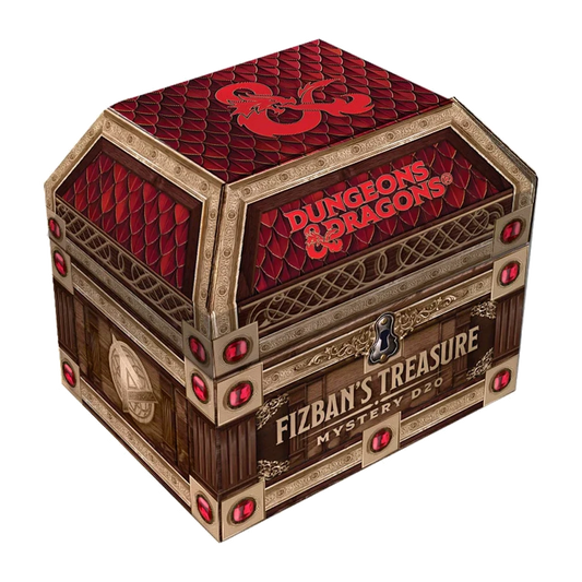 Dungeons & Dragons Fizban's Treasure box with red and gold design on a white background