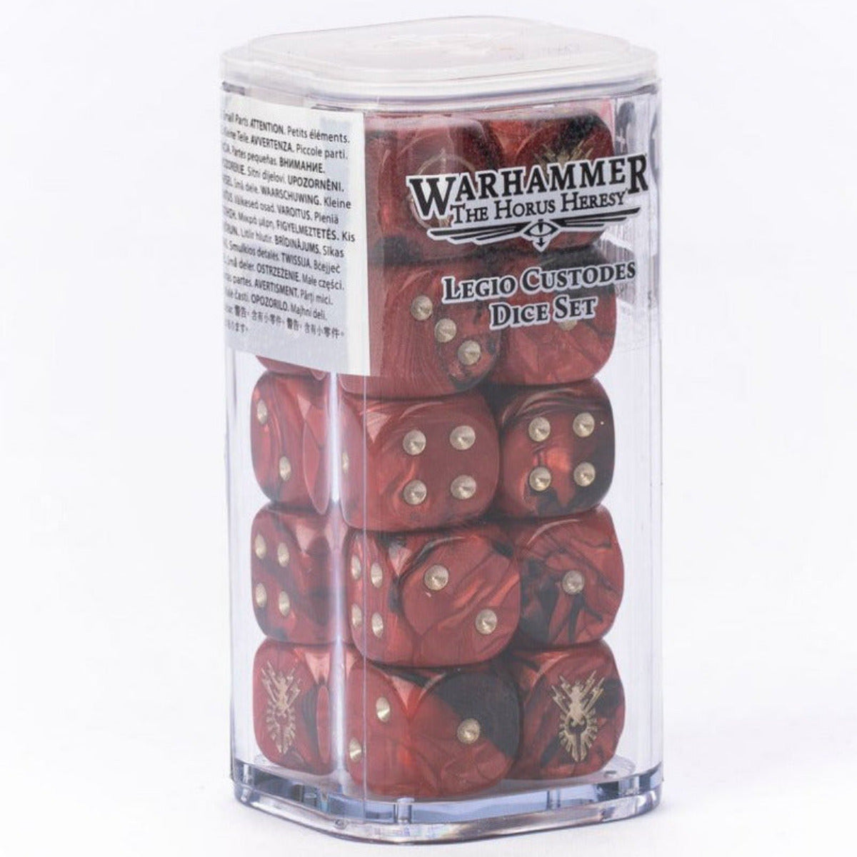 A clear plastic cylindrical container holding a set of red polyhedral dice, with a printed Warhammer 40k logo label on the front. The dice are visible through the transparent packaging against a plain white background.