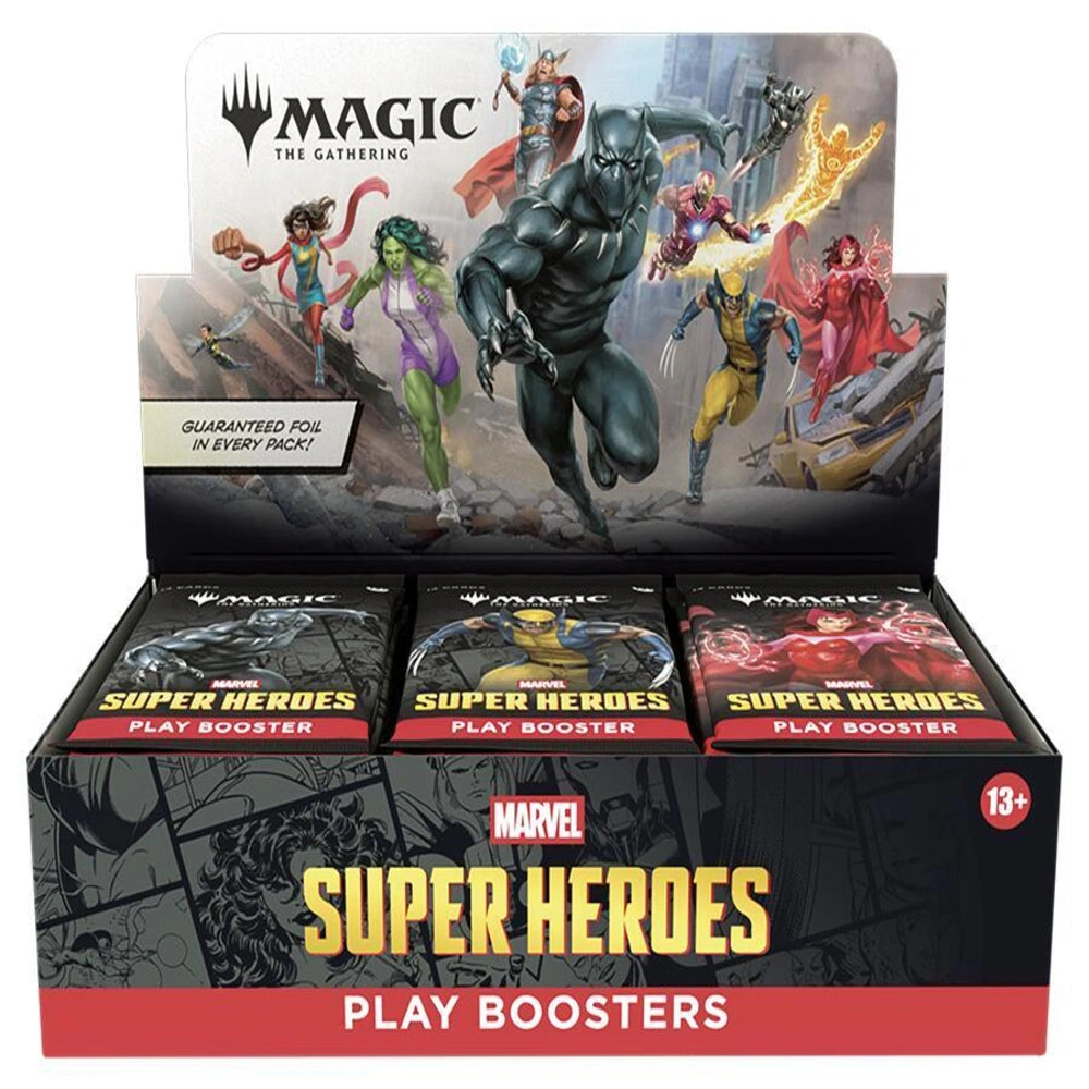 Marvel Super Heroes play boosters packaging with characters on a white background