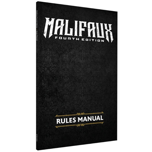 The front cover of the Malifaux Fourth Edition Rules Manual, featuring a textured black background with a subtle damask pattern, the white stylized 'MALIFBAUX' logo at the top, and 'RULES MANUAL' in white text with gold decorative lines at the bottom.
