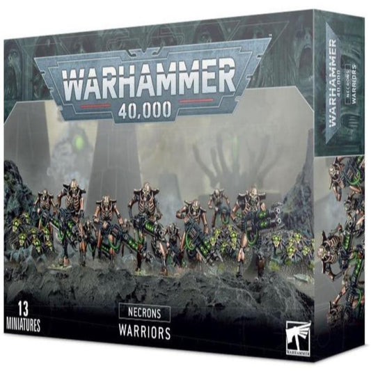 Warhammer 40,000 miniatures box with Necrons Warriors on a dark background