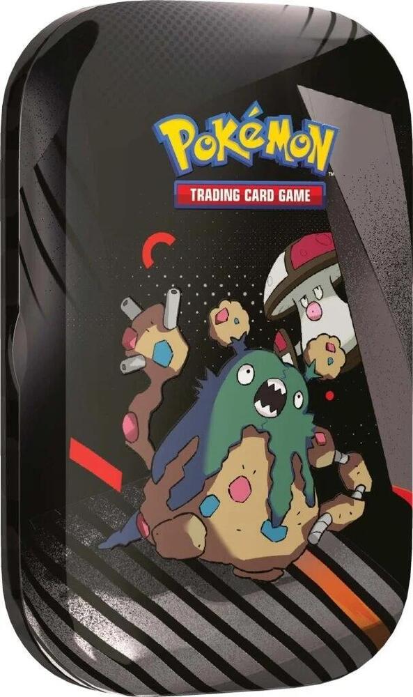Pokémon Trading Card Game tin with cartoon characters on a black background
