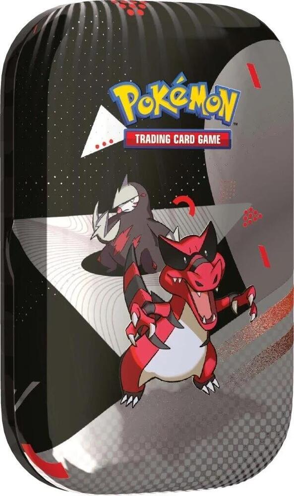 Pokémon Trading Card Game tin with two Pokémon characters on a black background