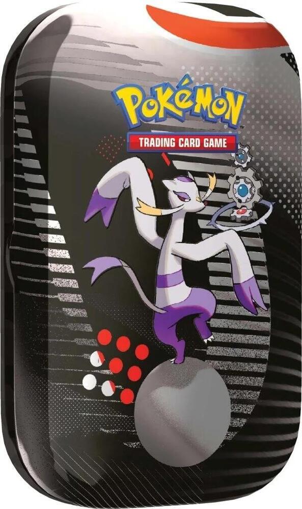 Pokémon Trading Card Game tin with a character design on a black background
