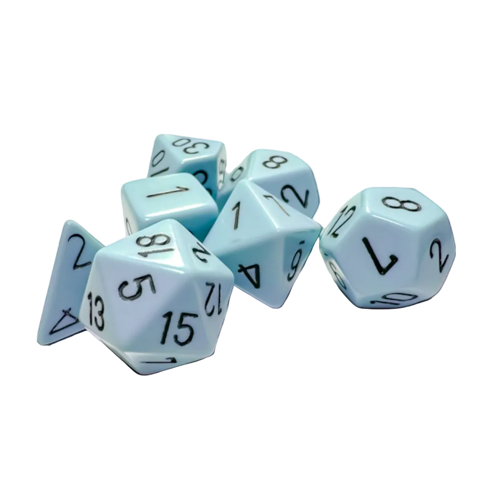 opaque pastel blue black polyhedral seven dice set