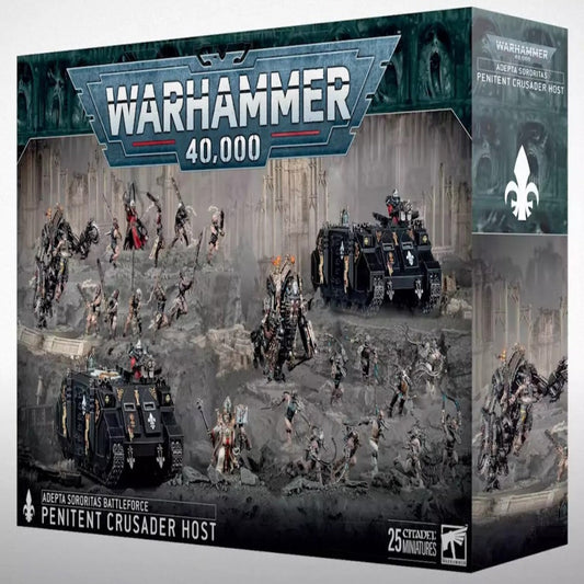 Warhammer 40,000 game box with miniatures and vehicles on a dark background