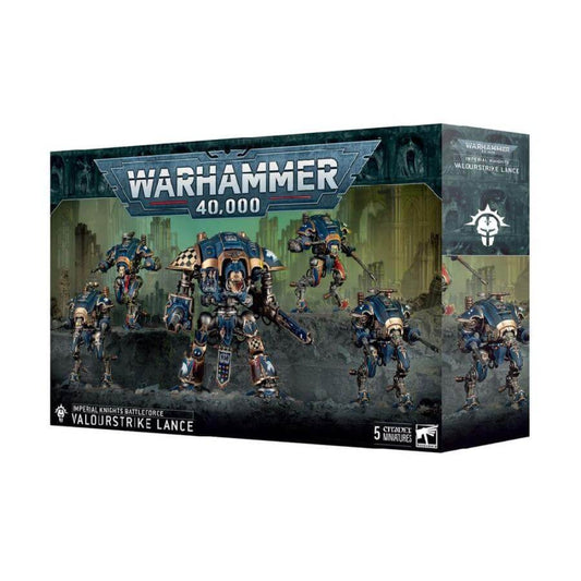 Warhammer 40,000 game box with imperial knights and mecha figures on a white background