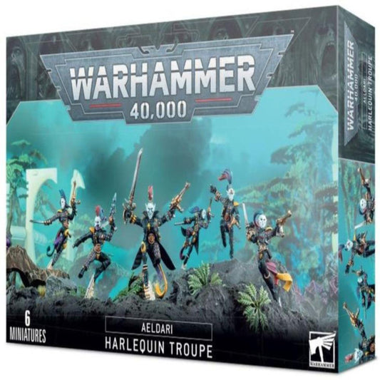 Warhammer 40,000 Aeldari Harlequin Troupe box with miniatures on a scenic background