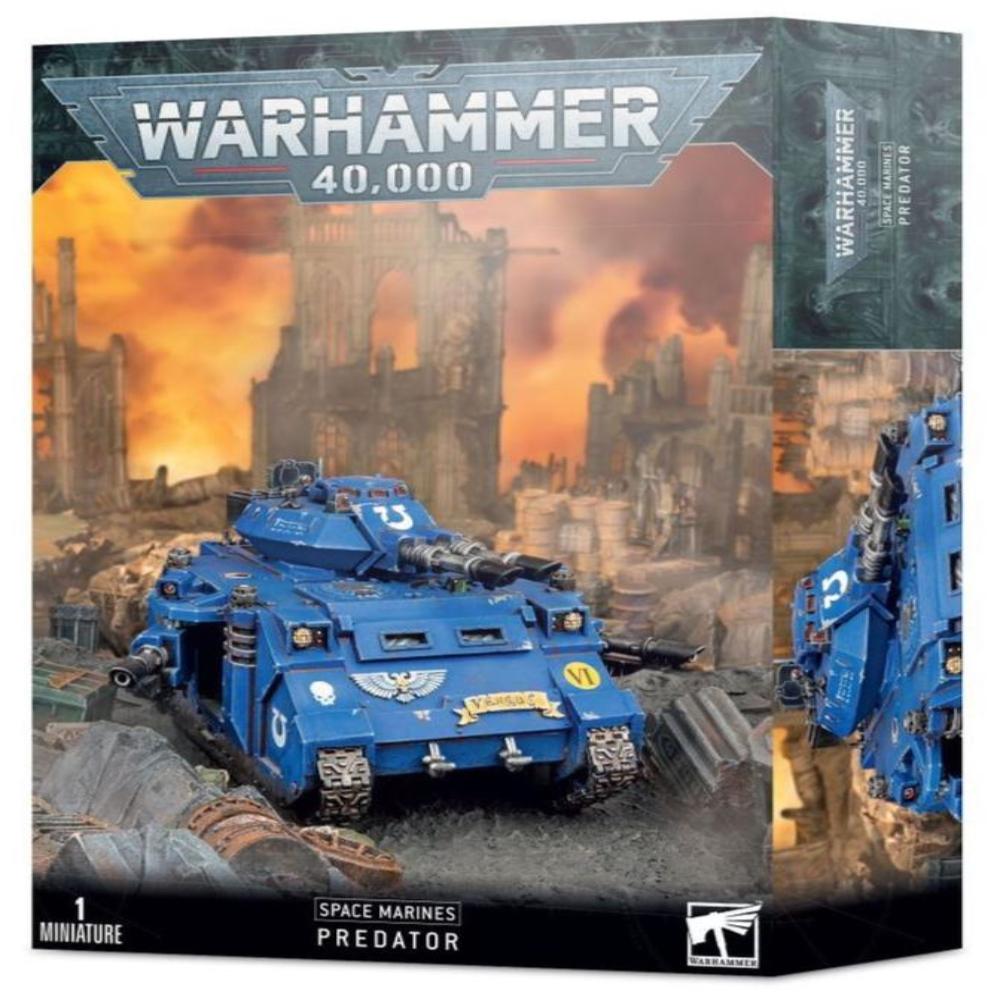 Warhammer 40K 40,000 Space Marines Predator retail box with doom background