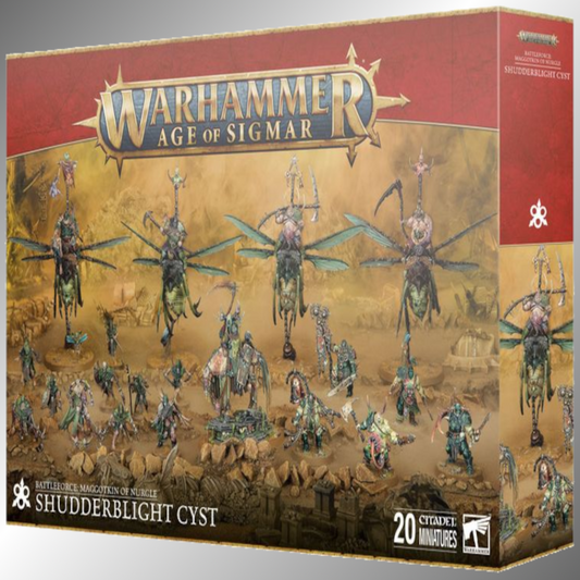 Warhammer Age of Sigmar Shudderblight Cyst box with miniatures on a red and gold background