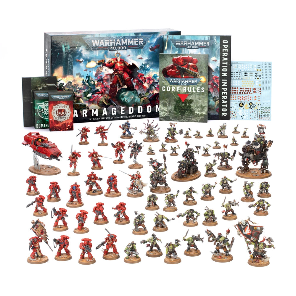 Collection of Warhammer figurines and packaging on a white background